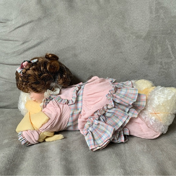 "My Baby Bright Eyes" 14” Porcelain Doll Laying Down Country Pink & Plaid #26372 - Picture 3 of 5
